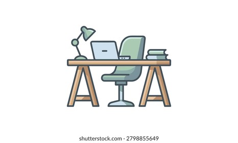 A clean and simple illustration of a compact workspace featuring a laptop, office chair, desk lamp, and stack of books on a sturdy A-frame desk. Perfect for modern home office or study themes.