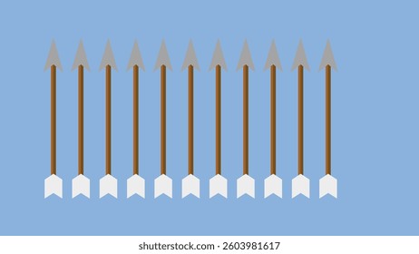  A clean and simple illustration featuring a neat row of ten identical arrows pointing upwards against a solid blue background. 