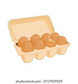 A clean and simple illustration of fresh brown eggs in an open egg carton, featuring one slightly cracked egg, ideal for representing farm-fresh eggs, organic food, and breakfast ingredients
