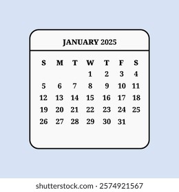 A clean and simple illustration of the January 2025 calendar. The design uses a minimalist style with a white background and black text. It features a full month view with dates and weekdays starting 