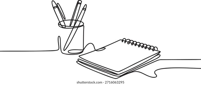 Saubere und einfache Illustration von Notizbuch und Stifthalter mit Stiften gefüllt. Erstellt in einem kontinuierlichen Single-Line-Art-Stil. Stellt Arbeit, Studium, Kreativität, Organisation und Bürobedarf dar.