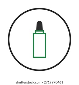 A clean and simple illustration showcasing a bottle with a dropper in a minimalist style. The bottle is outlined in green and has a black dropper top, set within a black circular frame symbolizing