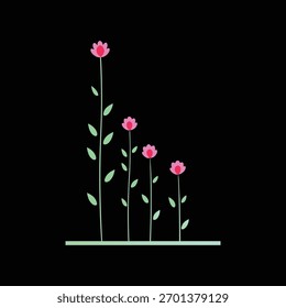 A clean and simple illustration of stylized pink flowers with green stems and leaves growing in varying heights. Ideal for nature, growth, spring, vitality concepts. Flat design artwork.