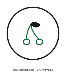 Una ilustración limpia y simple de dos cerezas conectadas por un tallo, encerrado en un círculo negro. Las cerezas presentan un delicado contorno en verde fresco, mientras que el tallo está representado en oscuro