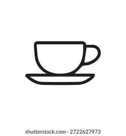 Ein sauberes, einfaches Strichart-Symbol, das einen klassischen Kaffee- oder Teebecher mit einer Untertasse darstellt, die perfekt für Menüs, Websites, Apps und UI-UX-Designs geeignet ist.