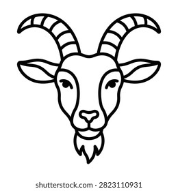 A clean and simple line art icon of a goat head, perfect for agricultural logos, farm branding, livestock identification, and rustic design elements for print media.