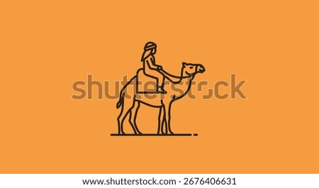 A clean and simple line art icon showing a person in traditional desert attire riding a dromedary camel. The minimalist vector graphic symbolizes travel, journey, and nomadic life.