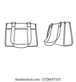 Uma ilustração de arte de linha limpa e simples de um saco de bolsa de lona, mostrando sua estrutura e design a partir de dois ângulos diferentes. Vista frontal e lateral. Isolado sobre um fundo branco