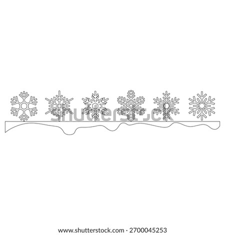 A clean and simple line art illustration featuring a border of six distinct snowflakes standing on a gently rolling snowdrift. Ideal for holiday greetings, winter events, and seasonal design projects.