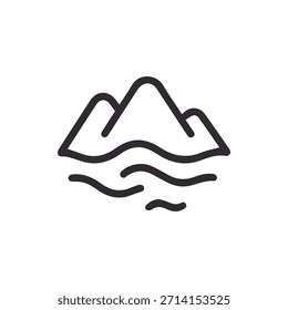Un ícono de Vector de arte lineal limpio y simple que representa una cordillera sobre una masa de agua. Perfecto para diseños temáticos de la naturaleza y Elementos de Web.