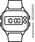 Clean and simple line drawing of a retro digital wristwatch displaying 10:10 time with button design elements.