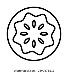 A clean, simple line icon of a cucumber slice. Ideal for designs related to healthy food, salads, spa treatments, and fresh, organic ingredients.
