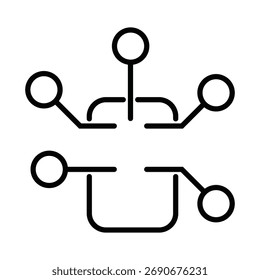A clean and simple line icon illustrating a complex network diagram or flowchart. This abstract symbol is perfect for representing system architecture, process workflows, and data paths.

