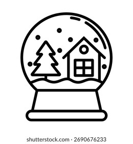 Un icono de línea limpia y simple de un globo de nieve con una casa de invierno y la escena del árbol. Ideal para Navidades, vacaciones de invierno y decoraciones festivas de temporada.
