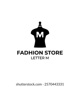 A clean and simple logo combining a mannequin dress with the letter "M," perfect for fashion stores, boutiques, and clothing brand identity.