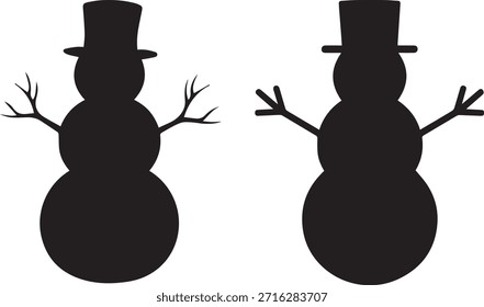 Un Diseño gráfico minimalista limpio y simple con dos siluetas festivas de muñecos de nieve sobre un fondo blanco