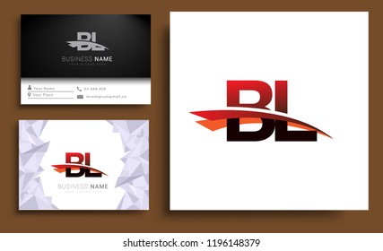 Clean and simple modern business card Business Card Template, initial letter BL logotype company name colored black and red swoosh design. Vector sets for business identity