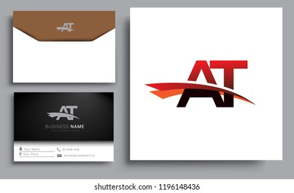 Clean and simple modern business card Business Card Template, initial letter AT logotype company name colored black and red swoosh design. Vector sets for business identity