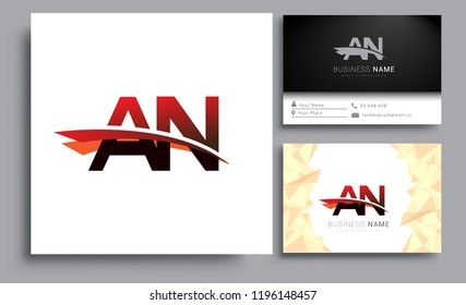 Clean and simple modern business card Business Card Template, initial letter AN logotype company name colored black and red swoosh design. Vector sets for business identity