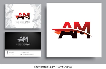 Clean and simple modern business card Business Card Template, initial letter AM logotype company name colored black and red swoosh design. Vector sets for business identity