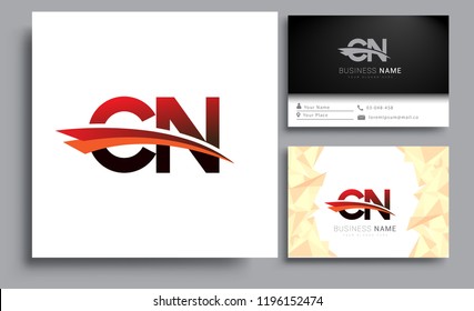 Clean and simple modern business card Business Card Template, initial letter CN logotype company name colored black and red swoosh design. Vector sets for business identity