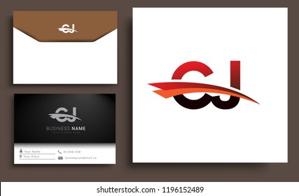 Clean and simple modern business card Business Card Template, initial letter CJ logotype company name colored black and red swoosh design. Vector sets for business identity