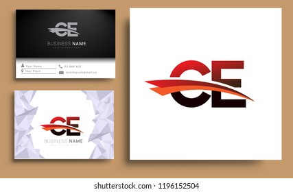 Clean and simple modern business card Business Card Template, initial letter CE logotype company name colored black and red swoosh design. Vector sets for business identity