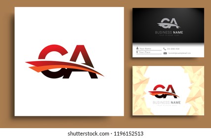 Clean and simple modern business card Business Card Template, initial letter CA logotype company name colored black and red swoosh design. Vector sets for business identity