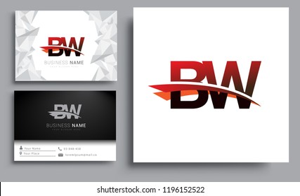 Clean and simple modern business card Business Card Template, initial letter BW logotype company name colored black and red swoosh design. Vector sets for business identity