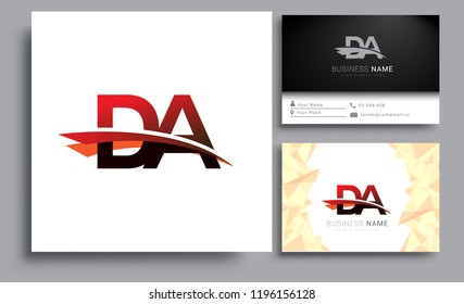 Clean and simple modern business card Business Card Template, initial letter DA logotype company name colored black and red swoosh design. Vector sets for business identity