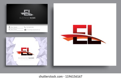 Clean and simple modern business card Business Card Template, initial letter EL logotype company name colored black and red swoosh design. Vector sets for business identity