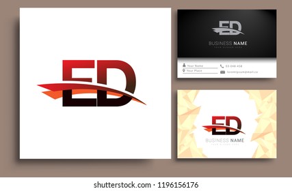 Clean and simple modern business card Business Card Template, initial letter ED logotype company name colored black and red swoosh design. Vector sets for business identity