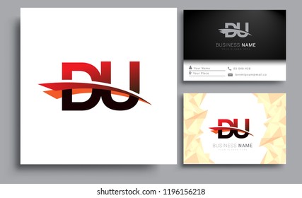 Clean and simple modern business card Business Card Template, initial letter DU logotype company name colored black and red swoosh design. Vector sets for business identity