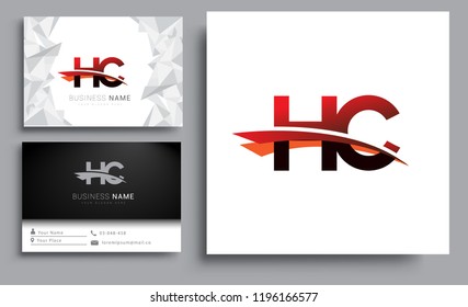 Clean and simple modern business card Business Card Template, initial letter HC logotype company name colored black and red swoosh design. Vector sets for business identity