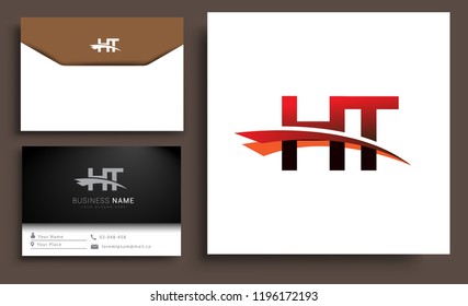 Clean and simple modern business card Business Card Template, initial letter HT logotype company name colored black and red swoosh design. Vector sets for business identity