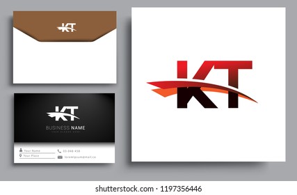 Clean and simple modern business card Business Card Template, initial letter KT logotype company name colored black and red swoosh design. Vector sets for business identity