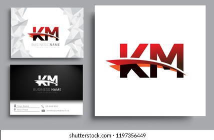 Clean and simple modern business card Business Card Template, initial letter KM logotype company name colored black and red swoosh design. Vector sets for business identity