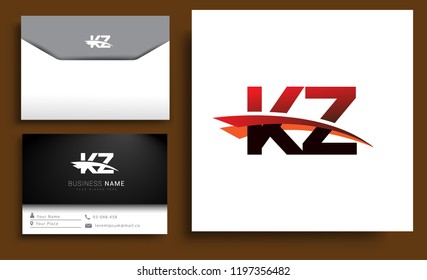 Clean and simple modern business card Business Card Template, initial letter KZ logotype company name colored black and red swoosh design. Vector sets for business identity