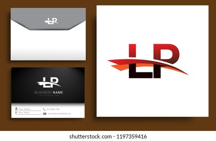 Clean and simple modern business card Business Card Template, initial letter LP logotype company name colored black and red swoosh design. Vector sets for business identity