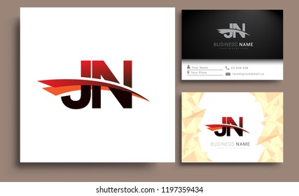 Clean and simple modern business card Business Card Template, initial letter JN logotype company name colored black and red swoosh design. Vector sets for business identity