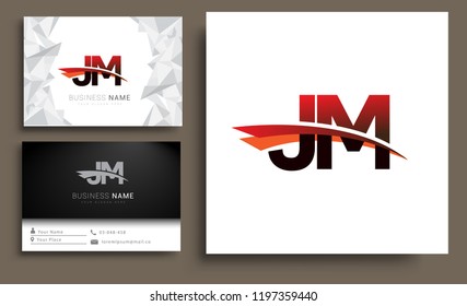 Clean and simple modern business card Business Card Template, initial letter JM logotype company name colored black and red swoosh design. Vector sets for business identity
