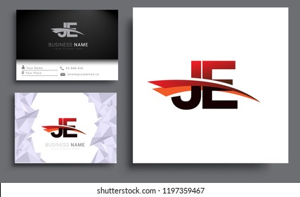 Clean and simple modern business card Business Card Template, initial letter JE logotype company name colored black and red swoosh design. Vector sets for business identity