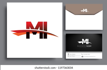 Clean and simple modern business card Business Card Template, initial letter MI logotype company name colored black and red swoosh design. Vector sets for business identity