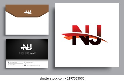 Clean and simple modern business card Business Card Template, initial letter NJ logotype company name colored black and red swoosh design. Vector sets for business identity