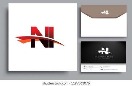 Clean and simple modern business card Business Card Template, initial letter NI logotype company name colored black and red swoosh design. Vector sets for business identity