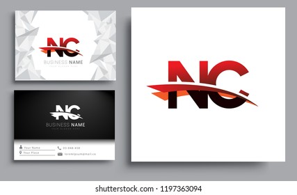 Clean and simple modern business card Business Card Template, initial letter NC logotype company name colored black and red swoosh design. Vector sets for business identity