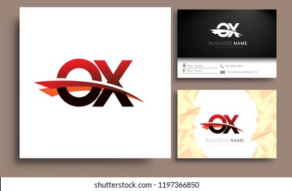 Clean and simple modern business card Business Card Template, initial letter OX logotype company name colored black and red swoosh design. Vector sets for business identity