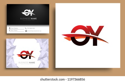 Clean and simple modern business card Business Card Template, initial letter OY logotype company name colored black and red swoosh design. Vector sets for business identity