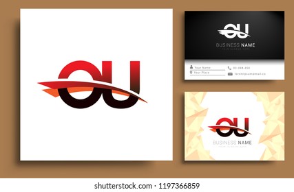 Clean and simple modern business card Business Card Template, initial letter OU logotype company name colored black and red swoosh design. Vector sets for business identity