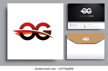 Clean and simple modern business card Business Card Template, initial letter OG logotype company name colored black and red swoosh design. Vector sets for business identity